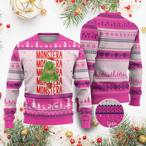 Merry Monstera Ugly Christmas Sweater Plant Lover Xmas Gift TS12 Hot Pink Print Your Wear