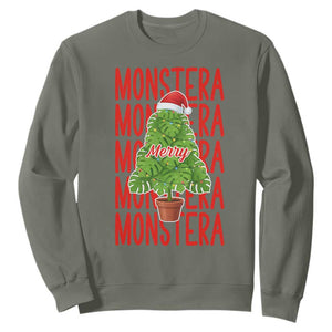 Merry Monstera Sweatshirt Plant Lover Christmas Gift TS12 Military Green Print Your Wear