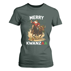 Funny Black Santa Cowboy T Shirt For Women Merry Kwanzaa Cultural Pride Gift TS12 Dark Forest Green Print Your Wear