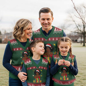 Merry Kwanzaa African American Girl Santa Hat V-Neck Knit Sweater Vest Xmas Gift TS12 Red Green Print Your Wear