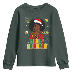 Merry Kwanzaa African American Girl Santa Hat Youth Sweatshirt Christmas Gift TS12 Dark Forest Green Print Your Wear