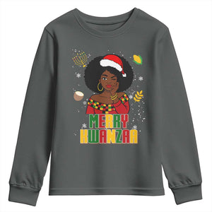 Merry Kwanzaa African American Girl Santa Hat Youth Sweatshirt Christmas Gift TS12 Dark Heather Print Your Wear