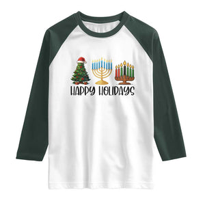 Christmas Hanukkah Kwanzaa Celebration Gift Raglan Shirt Happy Holidays TS12 White Dark Forest Green Print Your Wear