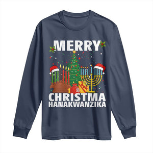 Merry Christmahanakwanzika Long Sleeve Shirt Christmas Hanukkah Kwanzaa Celebration Gift TS12 Navy Print Your Wear