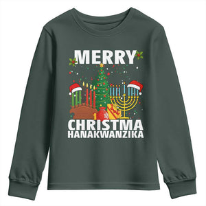 Merry Christmahanakwanzika Youth Sweatshirt Christmas Hanukkah Kwanzaa Celebration Gift TS12 Dark Forest Green Print Your Wear