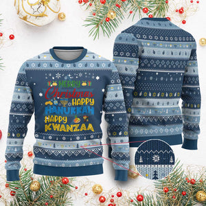 Celebrate All Holidays Merry Christmas Chanukkah Kwanzaa Gift Hanukkah Ugly Sweater TS12 Navy Light Blue Print Your Wear