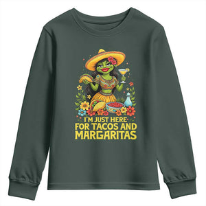 Funny Cinco De Mayo Frog Youth Sweatshirt Just Here For Tacos And Margaritas TS12 Dark Forest Green Print Your Wear