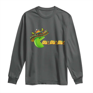 Cinco De Mayo Retro Game Long Sleeve Shirt Funny Sombrero Character Chasing Taco Cat TS12 Dark Heather Print Your Wear
