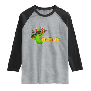 Cinco De Mayo Retro Game Raglan Shirt Funny Sombrero Character Chasing Taco Cat TS12 Heather Gray Black Print Your Wear
