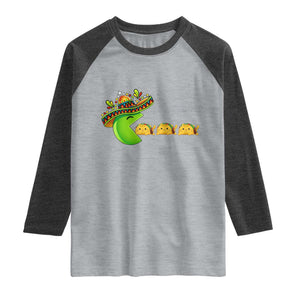 Cinco De Mayo Retro Game Raglan Shirt Funny Sombrero Character Chasing Taco Cat TS12 Heather Gray Heather Charcoal Print Your Wear