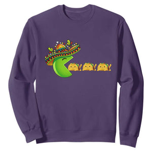 Cinco De Mayo Retro Game Sweatshirt Funny Sombrero Character Chasing Taco Cat TS12 Purple Print Your Wear