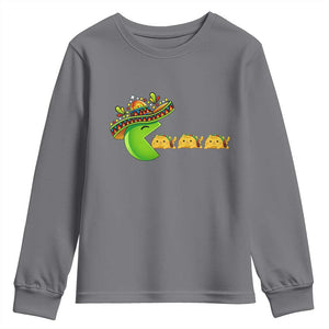 Cinco De Mayo Retro Game Youth Sweatshirt Funny Sombrero Character Chasing Taco Cat TS12 Charcoal Print Your Wear