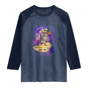Funny Cinco De Mayo Cat Raglan Shirt Astronaut Kitten Flying A Taco TS12 Heather Denim Navy Print Your Wear