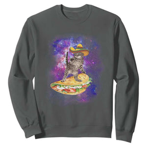 Funny Cinco De Mayo Cat Sweatshirt Astronaut Kitten Flying A Taco TS12 Dark Heather Print Your Wear