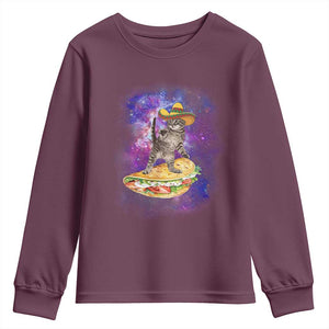 Funny Cinco De Mayo Cat Youth Sweatshirt Astronaut Kitten Flying A Taco TS12 Maroon Print Your Wear
