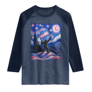 Bigfoot Starry Night Trans Rights Raglan Shirt Sasquatch LGBTQ Pride TS12 Heather Denim Navy Print Your Wear