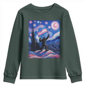 Bigfoot Starry Night Trans Rights Youth Sweatshirt Sasquatch LGBTQ Pride TS12 Dark Forest Green Print Your Wear