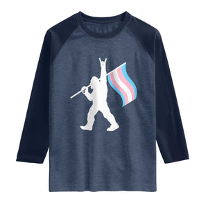 Bigfoot Rock On Trans Pride Flag Raglan Shirt Sasquatch LGBTQ Ally TS12 Heather Denim Navy Print Your Wear