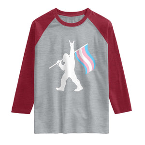 Bigfoot Rock On Trans Pride Flag Raglan Shirt Sasquatch LGBTQ Ally TS12 Heather Gray Heather Red Print Your Wear