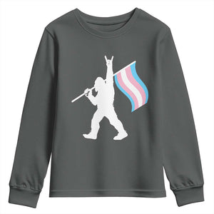 Bigfoot Rock On Trans Pride Flag Youth Sweatshirt Sasquatch LGBTQ Ally TS12 Dark Heather Print Your Wear