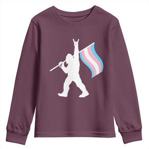 Bigfoot Rock On Trans Pride Flag Youth Sweatshirt Sasquatch LGBTQ Ally TS12 Maroon Print Your Wear