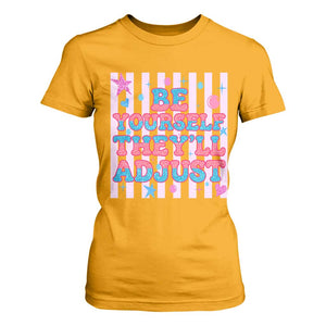 Striped Glitter Effect Printed Trans Rights T Shirt For Women Be Yourself They Will Adjust TS12 Gold Print Your Wear