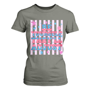 Striped Glitter Effect Printed Trans Rights T Shirt For Women Be Yourself They Will Adjust TS12 Military Green Print Your Wear