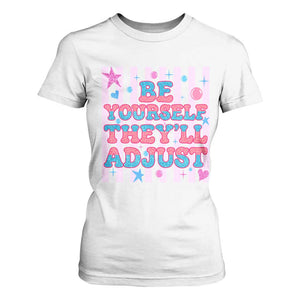 Striped Glitter Effect Printed Trans Rights T Shirt For Women Be Yourself They Will Adjust TS12 White Print Your Wear