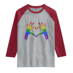 Rainbow Skeleton Heart Hands Raglan Shirt LGBTQ Pride Support Graphic TS12 Heather Gray Heather Red Print Your Wear