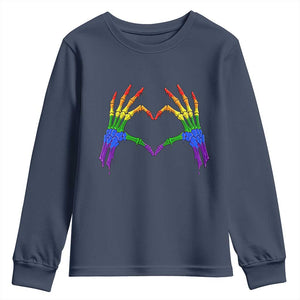 Rainbow Skeleton Heart Hands Youth Sweatshirt LGBTQ Pride Support Graphic TS12 Navy Print Your Wear