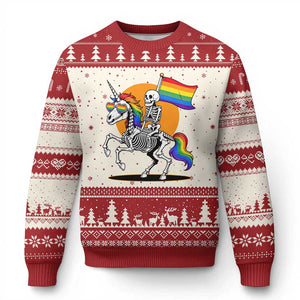 Funny Skeleton Riding Unicorn LGBTQ Pride Ugly Christmas Sweater Rainbow Fantasy Graphic TS12 Beige Red Print Your Wear