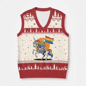 Funny Skeleton Riding Unicorn LGBTQ Pride V-Neck Knit Sweater Vest Rainbow Fantasy Graphic TS12 Beige Red Print Your Wear