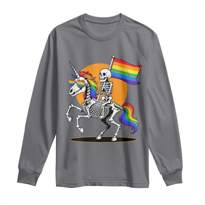 Funny Skeleton Riding Unicorn LGBTQ Pride Long Sleeve Shirt Rainbow Fantasy Graphic TS12 Charcoal Print Your Wear