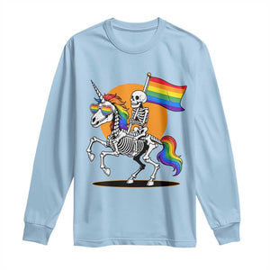 Funny Skeleton Riding Unicorn LGBTQ Pride Long Sleeve Shirt Rainbow Fantasy Graphic TS12 Light Blue Print Your Wear