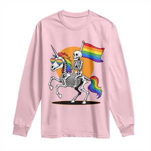 Funny Skeleton Riding Unicorn LGBTQ Pride Long Sleeve Shirt Rainbow Fantasy Graphic TS12 Light Pink Print Your Wear