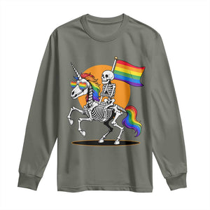 Funny Skeleton Riding Unicorn LGBTQ Pride Long Sleeve Shirt Rainbow Fantasy Graphic TS12 Military Green Print Your Wear