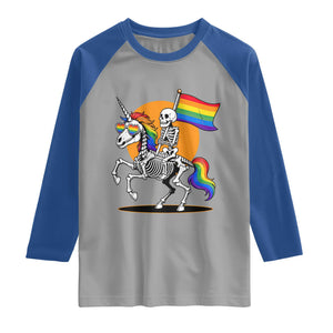 Funny Skeleton Riding Unicorn LGBTQ Pride Raglan Shirt Rainbow Fantasy Graphic TS12 Sport Gray Royal Print Your Wear