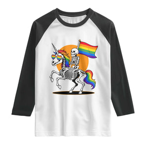Funny Skeleton Riding Unicorn LGBTQ Pride Raglan Shirt Rainbow Fantasy Graphic TS12 White Black Print Your Wear