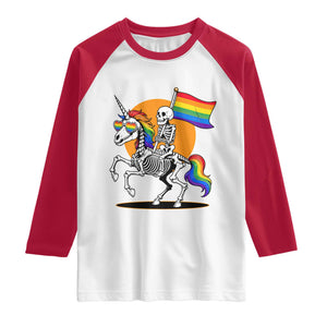 Funny Skeleton Riding Unicorn LGBTQ Pride Raglan Shirt Rainbow Fantasy Graphic TS12 White Red Print Your Wear