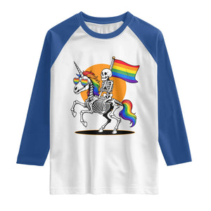 Funny Skeleton Riding Unicorn LGBTQ Pride Raglan Shirt Rainbow Fantasy Graphic TS12 White Royal Print Your Wear