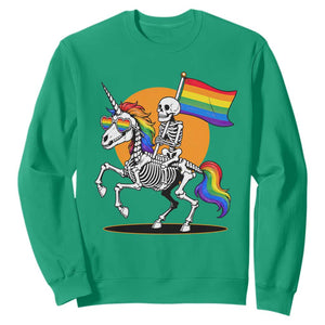 Funny Skeleton Riding Unicorn LGBTQ Pride Sweatshirt Rainbow Fantasy Graphic TS12 Irish Green Print Your Wear