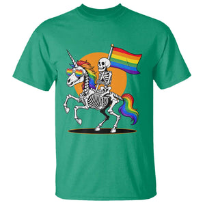 Funny Skeleton Riding Unicorn LGBTQ Pride T Shirt Rainbow Fantasy Graphic TS12 Irish Green Print Your Wear