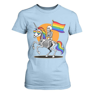 Funny Skeleton Riding Unicorn LGBTQ Pride T Shirt For Women Rainbow Fantasy Graphic TS12 Light Blue Print Your Wear