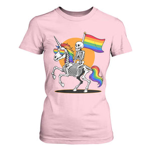 Funny Skeleton Riding Unicorn LGBTQ Pride T Shirt For Women Rainbow Fantasy Graphic TS12 Light Pink Print Your Wear