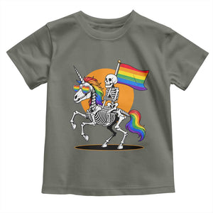 Funny Skeleton Riding Unicorn LGBTQ Pride Toddler T Shirt Rainbow Fantasy Graphic TS12 Military Green Print Your Wear