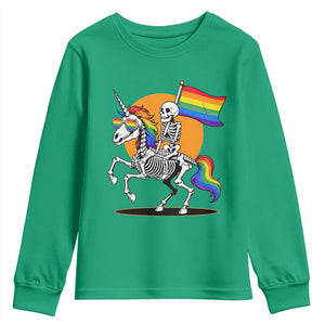 Funny Skeleton Riding Unicorn LGBTQ Pride Youth Sweatshirt Rainbow Fantasy Graphic TS12 Irish Green Print Your Wear
