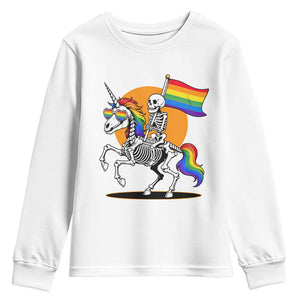 Funny Skeleton Riding Unicorn LGBTQ Pride Youth Sweatshirt Rainbow Fantasy Graphic TS12 White Print Your Wear