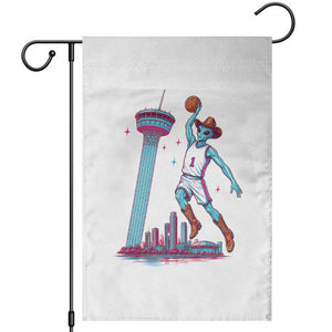 Funny Alien Cowboy Dunking Basketball Garden Flag San Antonio Skyline