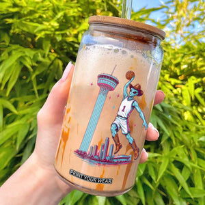 Funny Alien Cowboy Dunking Basketball Glass Can San Antonio Skyline