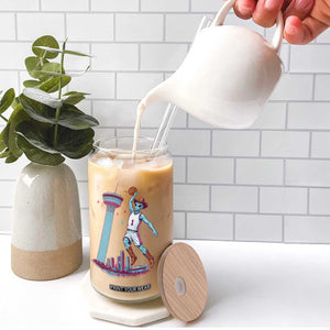 Funny Alien Cowboy Dunking Basketball Glass Can San Antonio Skyline